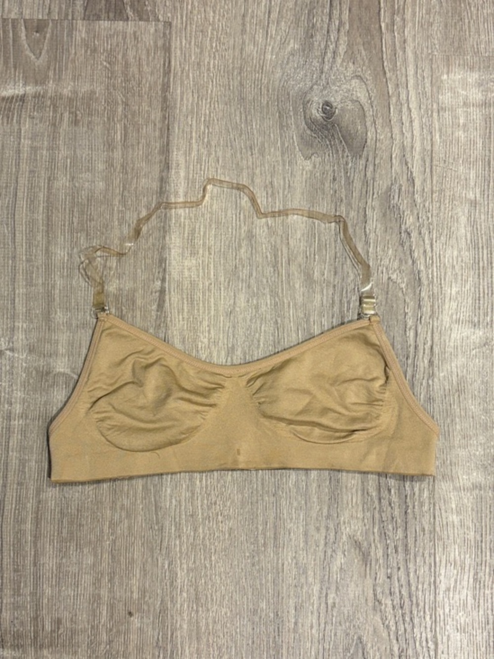 Women’s Bralette in Tan Beige With Clear elastic back strap and halter strap